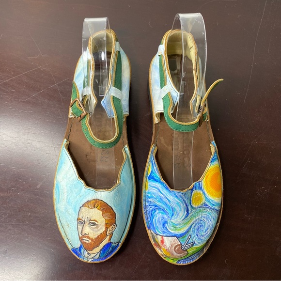 Handmade Custom Leather Sandals Van Gogh Starry Night & self portrait - Picture 7 of 8